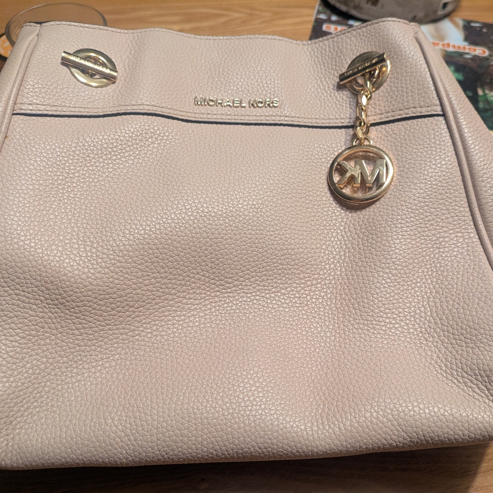 Michael Kors Blush Pebbled Leather Tote with Gold MK Charm